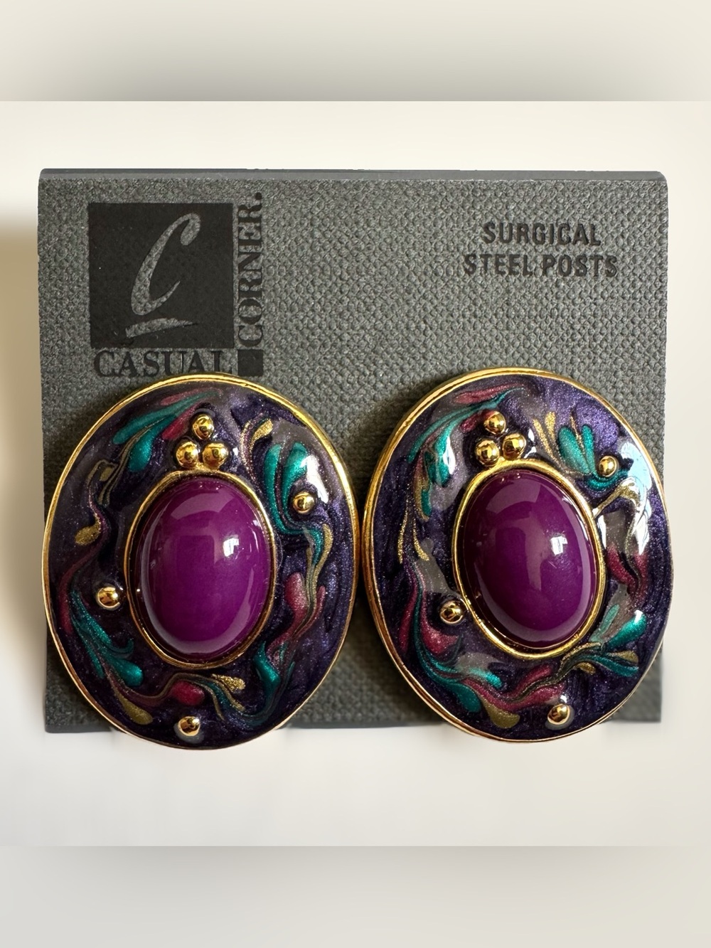 Vtg Casual Corner Purple Oval Cabochon Earrings Enamel Wearable Art Statement